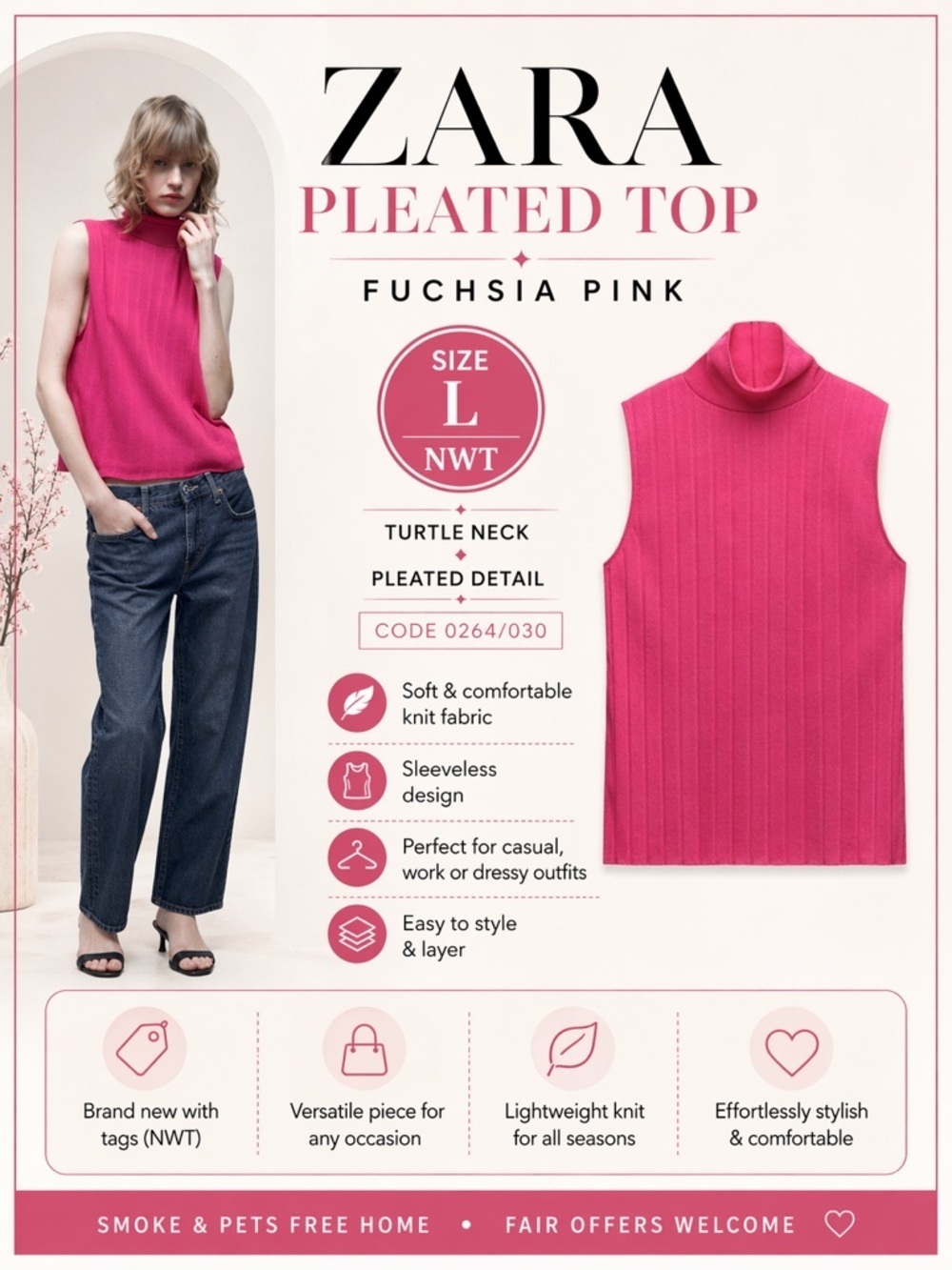 ZARA Fuchsia Pink Pleated Top Size L NWT Sleeveless Mock Neck Ribbed Knit Top